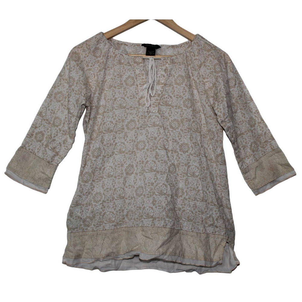 Women's Eddie Bauer White Tan Floral Cotton Pullover V-Neck Shirt Top Size Small